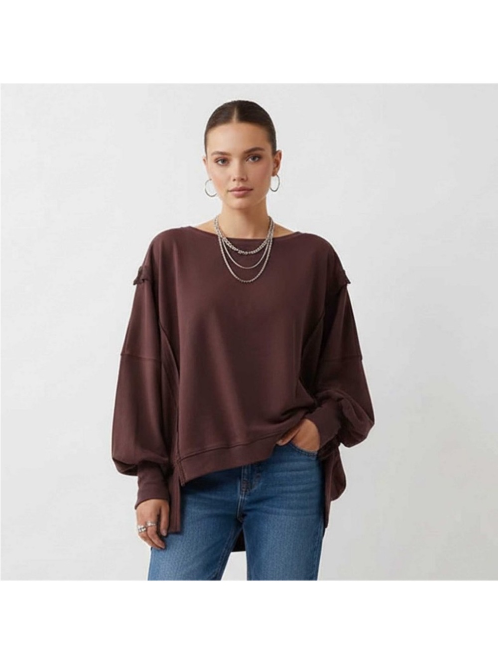 Cherie Code Relaxed Oversized Crewneck Slouchy Sweatshirt - Brown